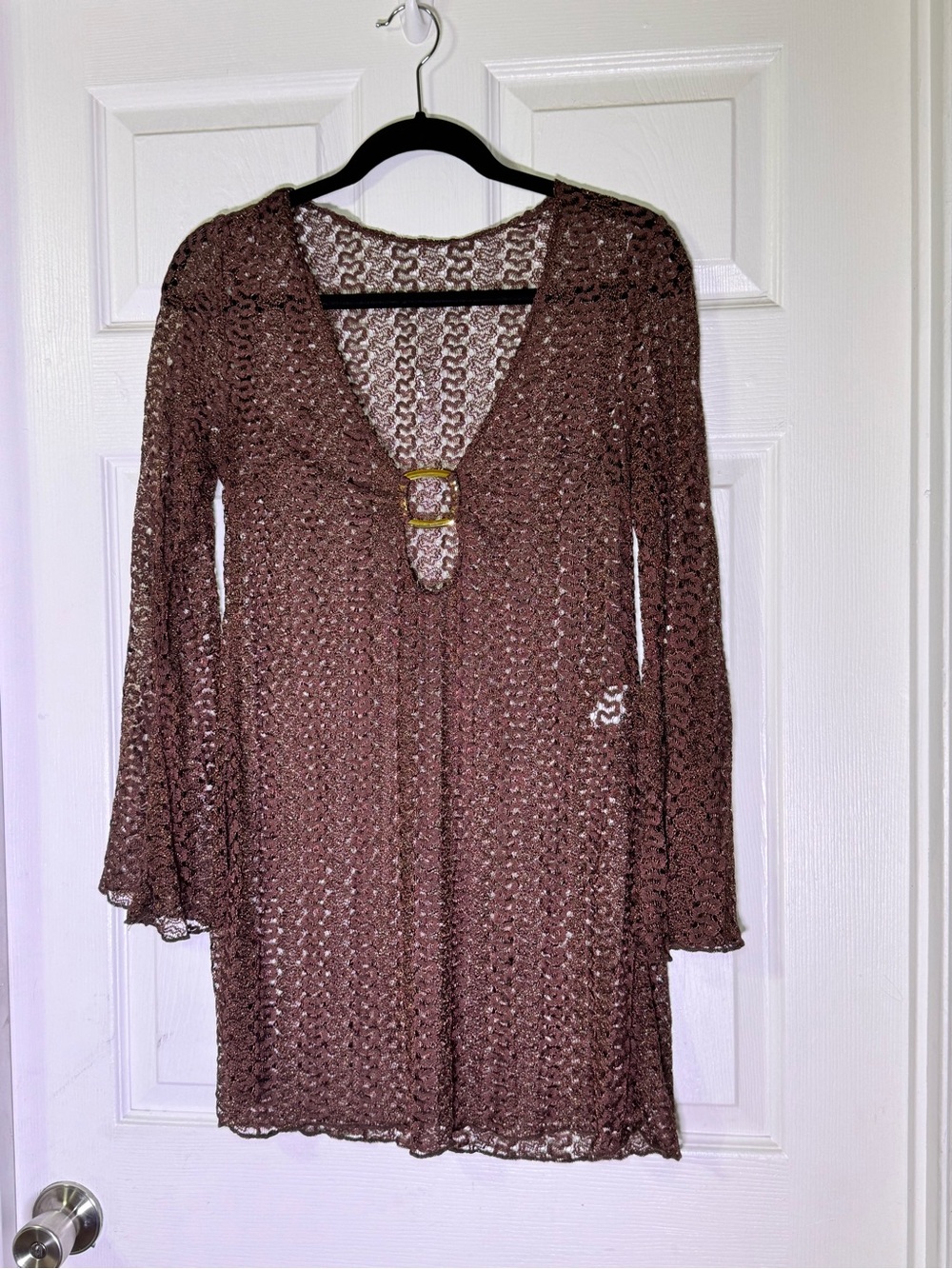 BECCA Metallic Bronze Crochet V-Neck Swimsuit Cover Up Dress Small